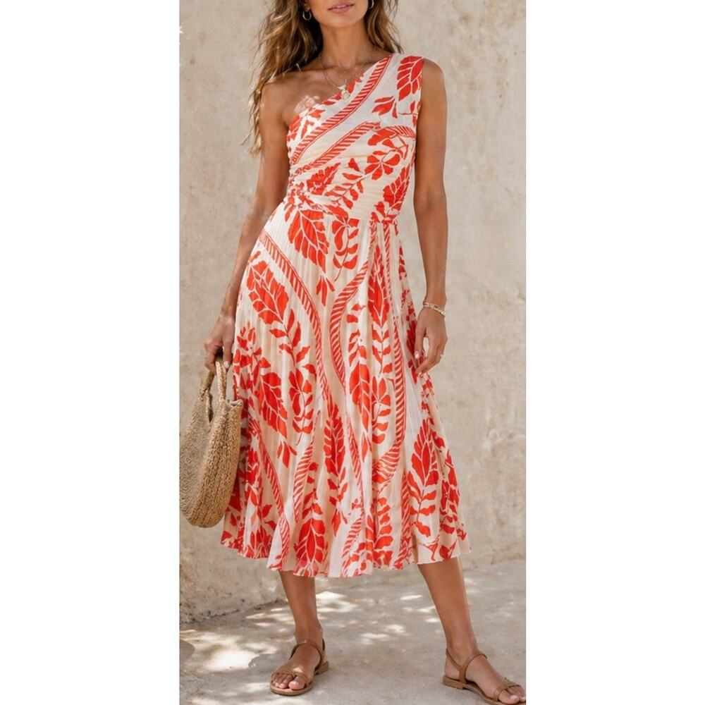 H&M 1 Shoulder Midi Dress XL Orange White Tropical Print Pleated Sundress Beach